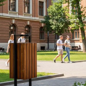 Cos stradal modern din rigle de lemn si otel UM1946 campus universitar