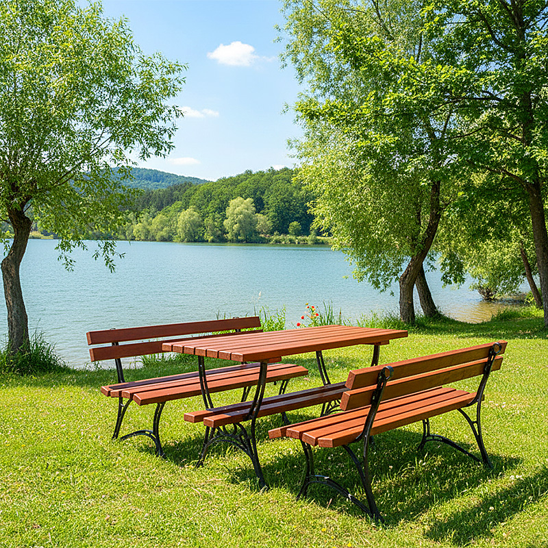 Set pentru terase cu doua banci si o masa din aluminiu si lemn UM1688