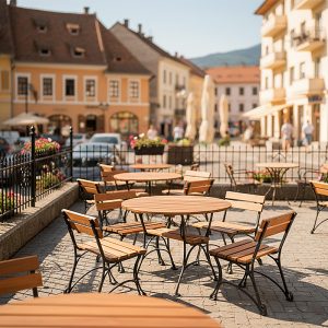 Set pentru terase masa rotunda din fonta si lemn cu patru scaune UM1681 oras centru istoric