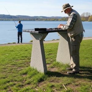 Masa dreptunghiulara cu picioare din beton si blat din lemn UM2060 amenajare turistica