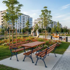 Set pentru terase cu banci cu cotiere si o masa din fonta si lemn UM1963 amenajare parc