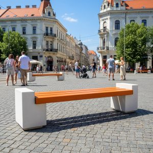 Banca stradala din beton cu sezut din lemn UMF108 amenajare centru civic oras